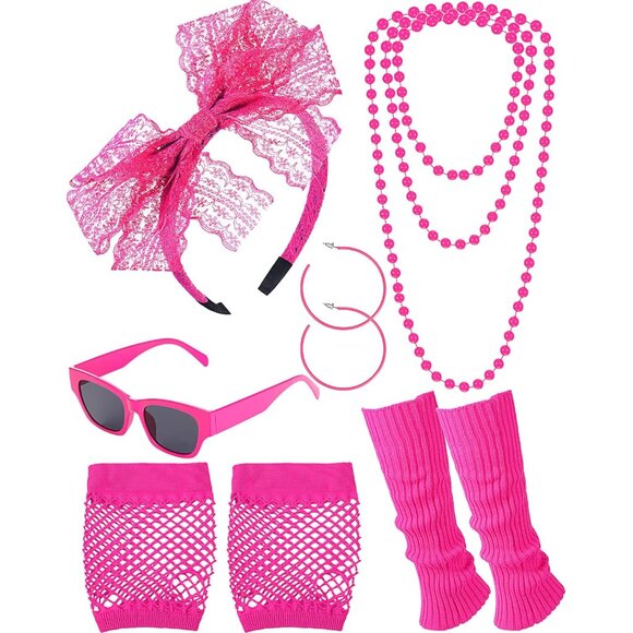 80s Accessories Set Women Retro Party Costume Jewelry Fishnet Gloves - Picture 1 of 6